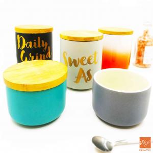 Decal custom designed stoneware food storage ceramic canister set with wooden lids