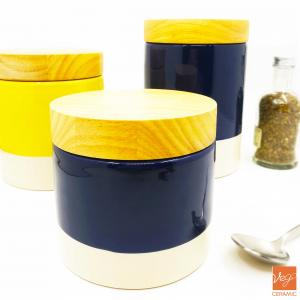 Airtight tea sugar coffee wholesale kitchen set ceramic canister with wood lid