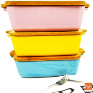 Colorful shiny glazed rectangular ceramic stoneware cheese lasagna baking dish pan with bamboo lid