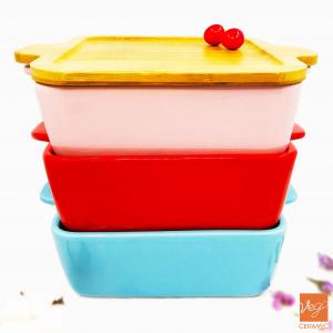 Square colorful glazed glossy ceramic ovenware stoneware oven baking dish with bamboo lid