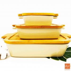 Personalized Au Gratin square bake ware set 3pcs ceramic bakeware with bamboo lid