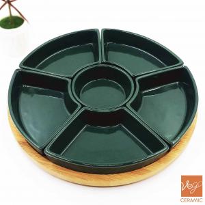 Wooden base ceramic compartment divided dinner plate / stoneware serving platter