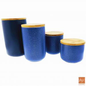 Reactive glazed ceramic food kitchen storage canister with bamboo lid